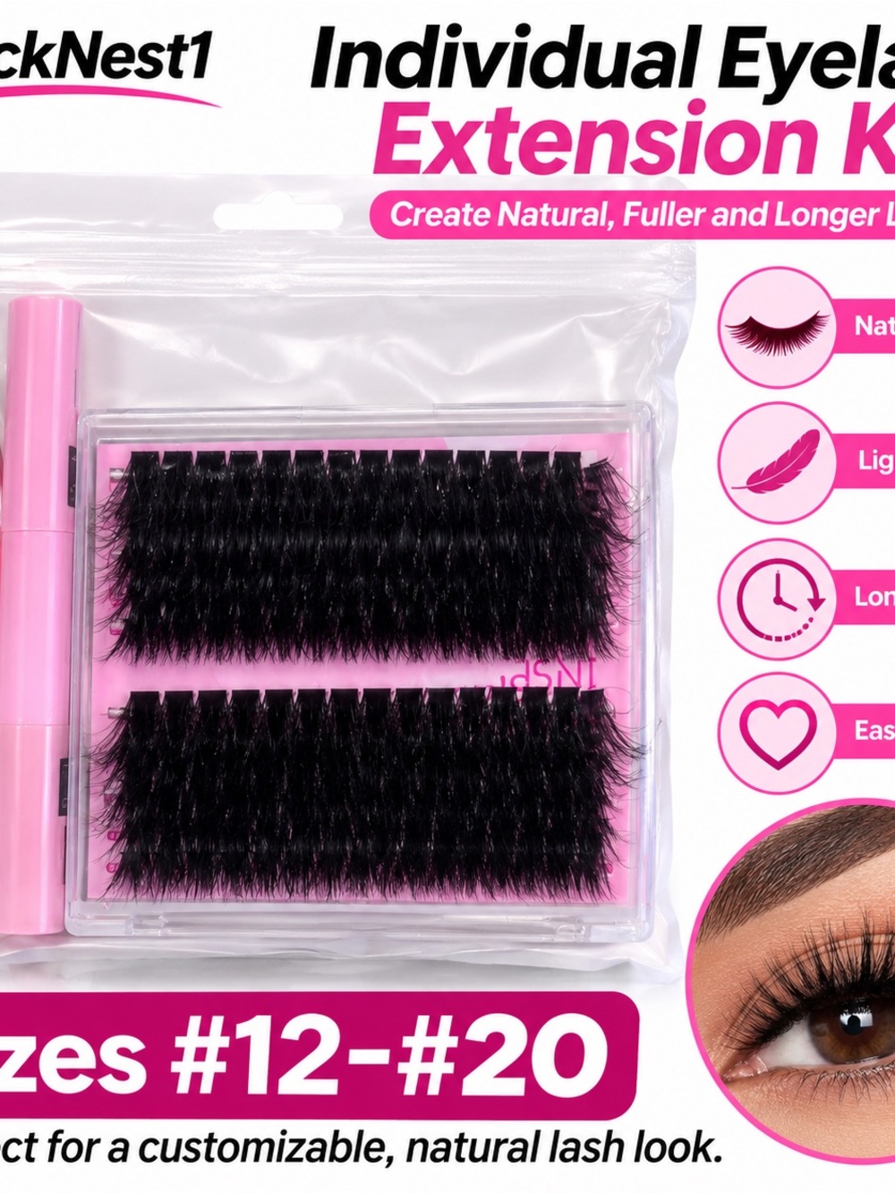 Individual Eyelash Extension Kit - Natural Black Lashes (Sizes #12-#20)